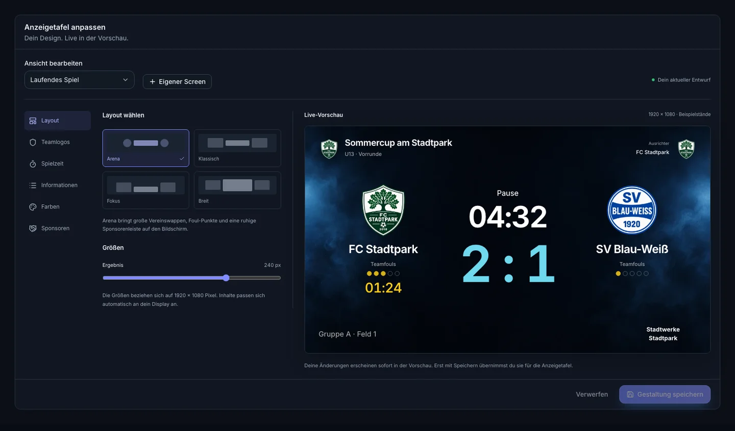Editor für Layout, Größen, Farben und die Platzierung von Logos auf der Anzeigetafel.