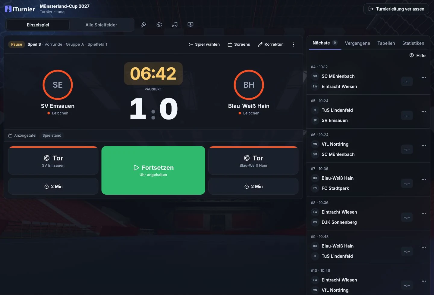 Aktuelle iTurnier-Turnierleitung mit Spieluhr, Live-Spielstand und nächsten Begegnungen.