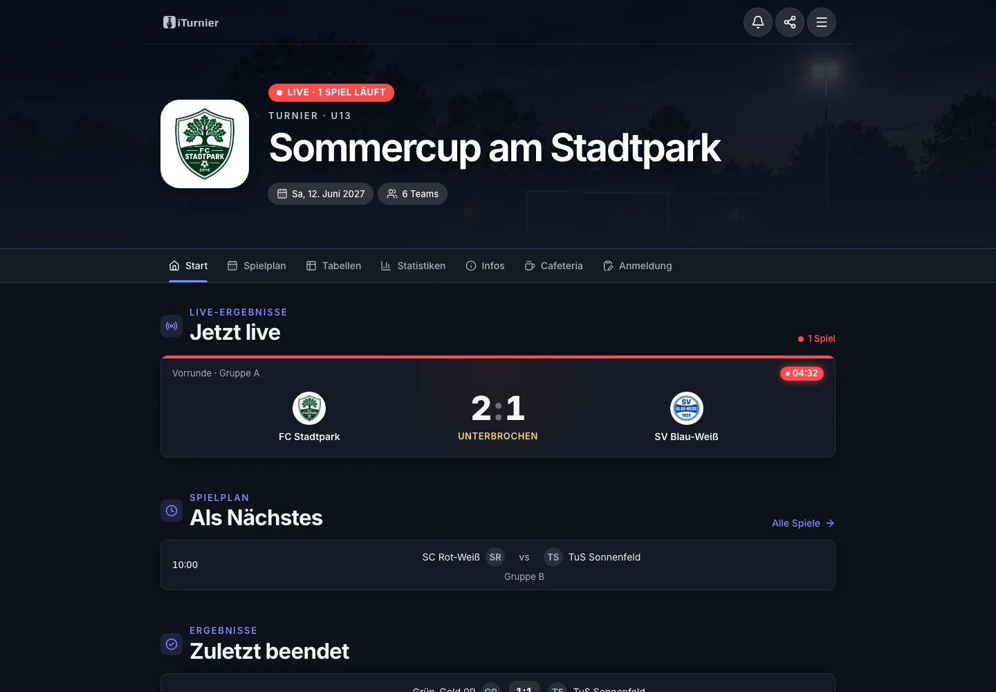 Öffentliche Turnierseite im überarbeiteten Stadion-Design.
