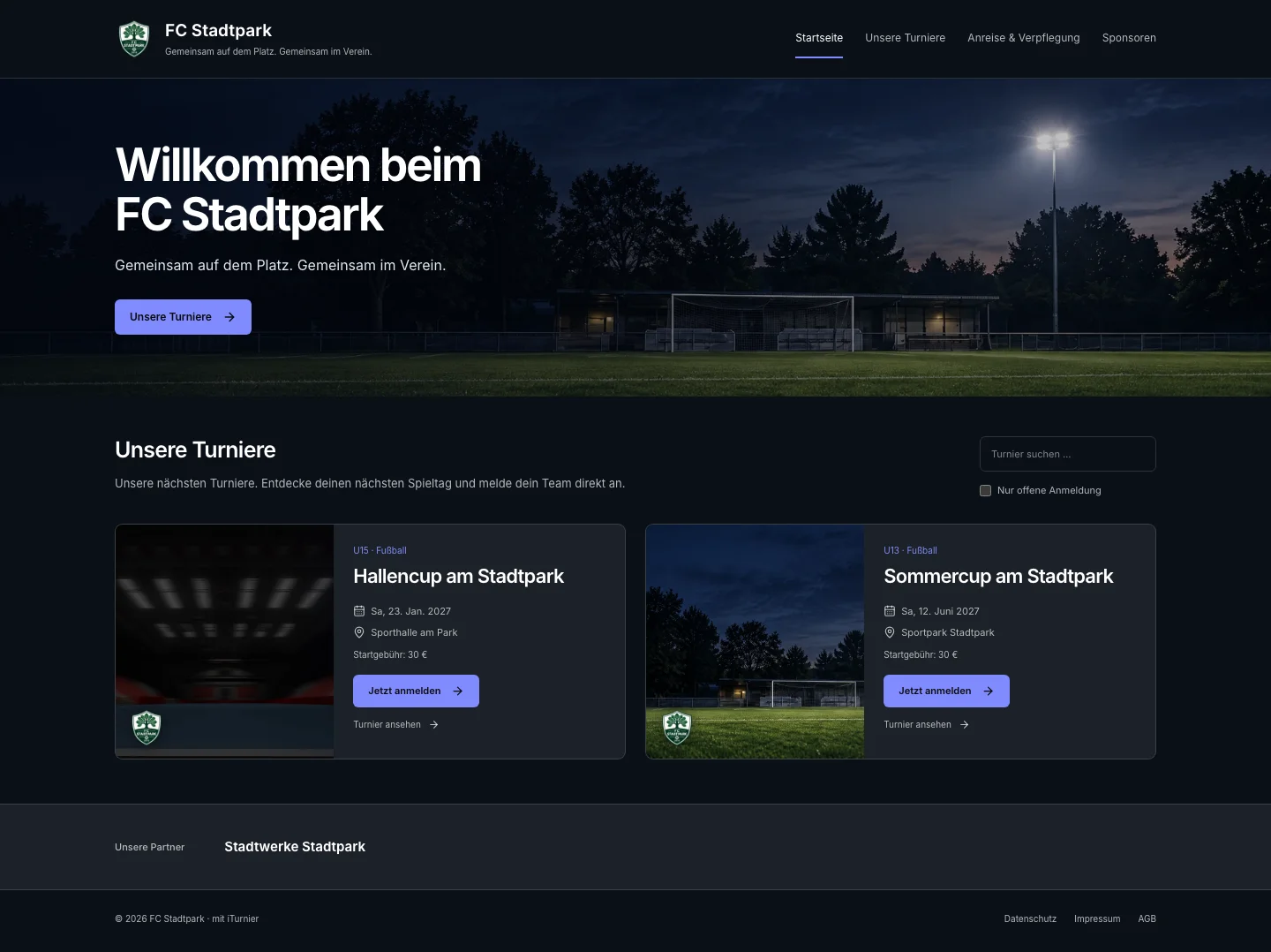 Vereinsseite mit Turnierübersicht und Online-Anmeldung.